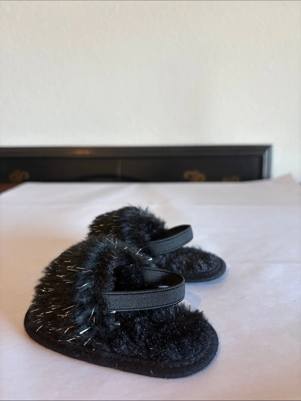 Black faux fur with silver tinsel newborn shoes